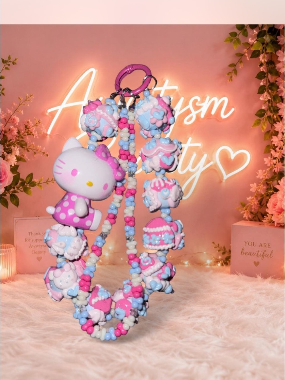 Hello Kitty Pink Blue Beaded Keychain Charm with White Accents- NEW- handmade